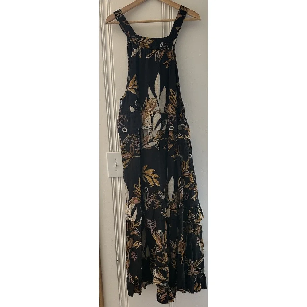 Free People Black Floral Tiered Halter Midi Dress Boho‎ Ruffle Size XS